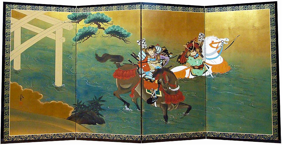 宇治川戦陣-Soldiers crossing river on horseback-